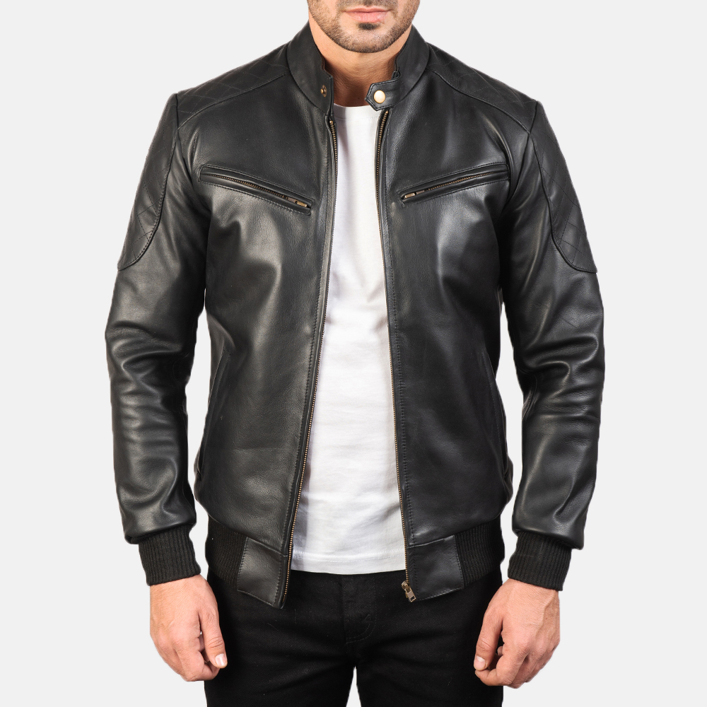 Sven Black Leather Bomber Jacket - Horizon Leathers