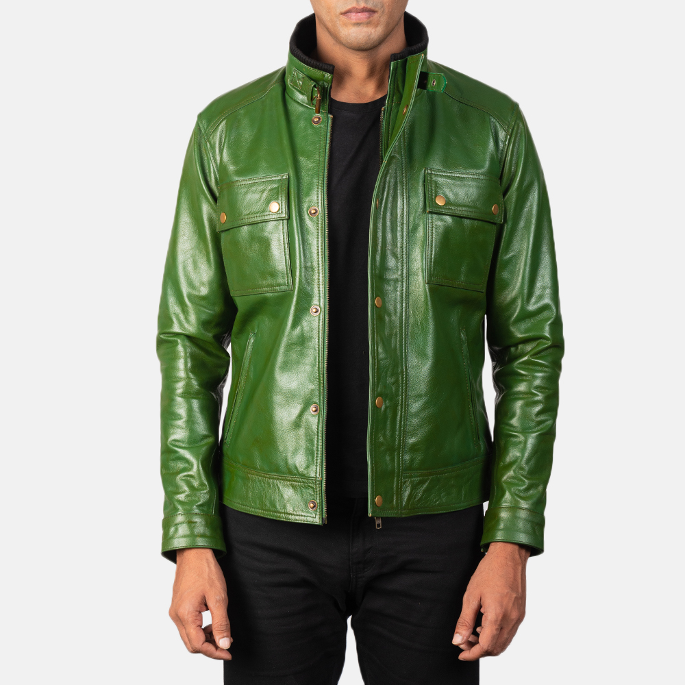 Darren Distressed Green Leather Biker Jacket - Horizon Leathers