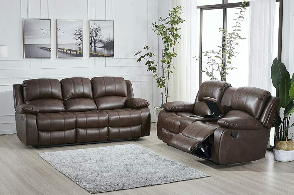Betsy Furniture 2PC Bonded Leather Recliner Set Living Room Set, Sofa, Loveseat 8018 (Brown, Living Room Set 3+2)