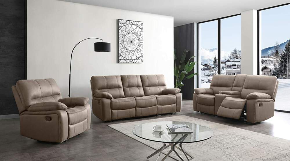 Betsy Furniture Microfiber Reclining Sofa Couch Set Living Room Set 8007 (Taupe, Sofa+Loveseat+Recliner)
