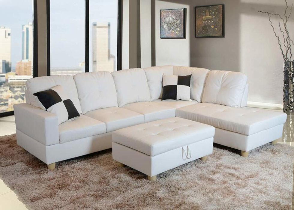 Beverly Fine Furniture Right Facing Russes Sectional Sofa Set With Ottoman, White