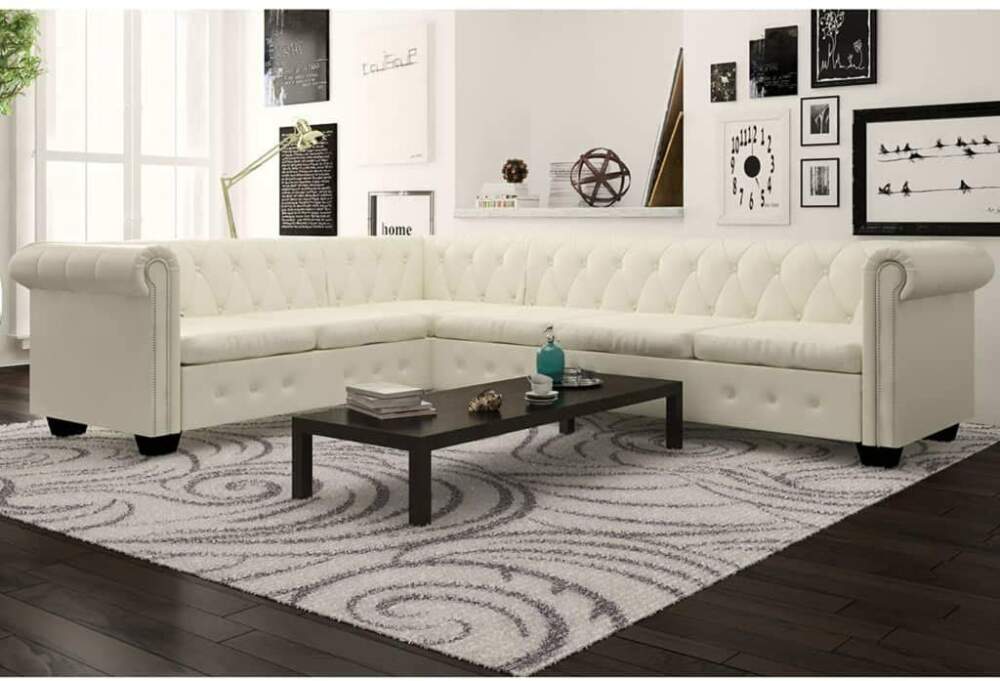 INLIFE Chesterfield Corner Sofa,L Shape 6-Seater Sectional Sofa for Living Room White Faux Leather