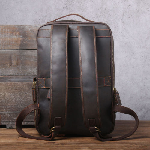 Leather Laptop Backpack with Trolley Sleeve and Double Compartments