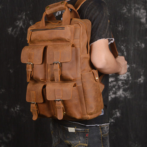 Crazy Horse Genuine Leather Backpack Multi Pockets