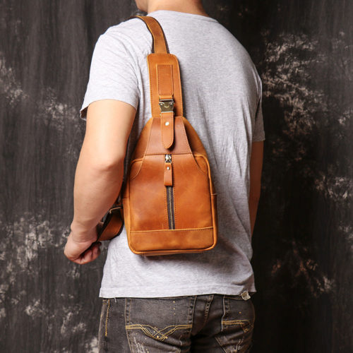 Men's Leather Sling Bag Chest Shoulder Backpack
