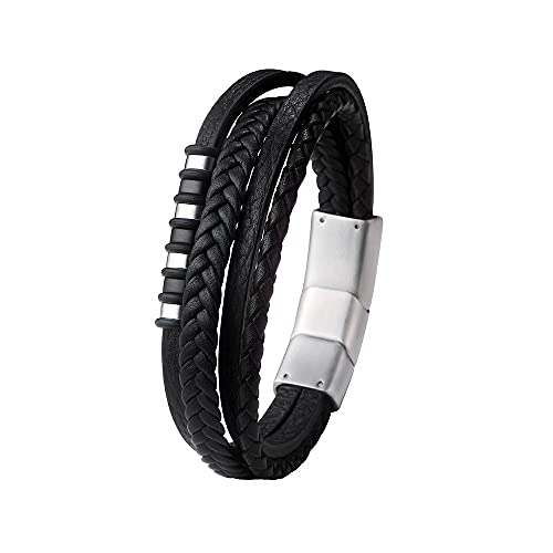 Black Leather Stainless Steel Magnetic Mens Bracelet 1