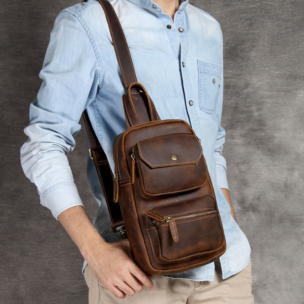 Men's Leather Single Strap Chest Sling Bag - Horizon Leathers