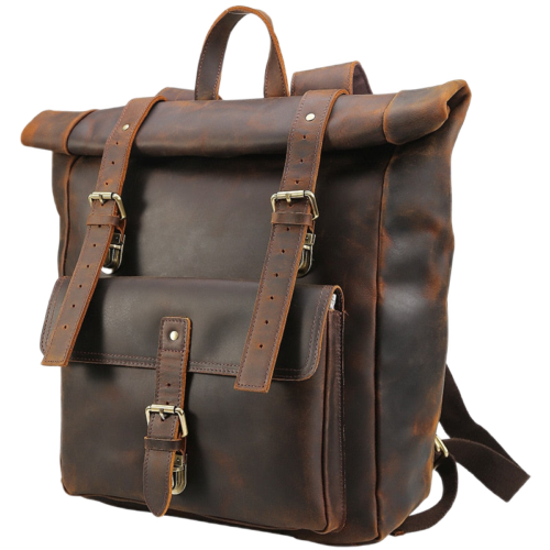 Genuine Leather 17 Laptop Backpack Travel Roll Top Rucksack 1