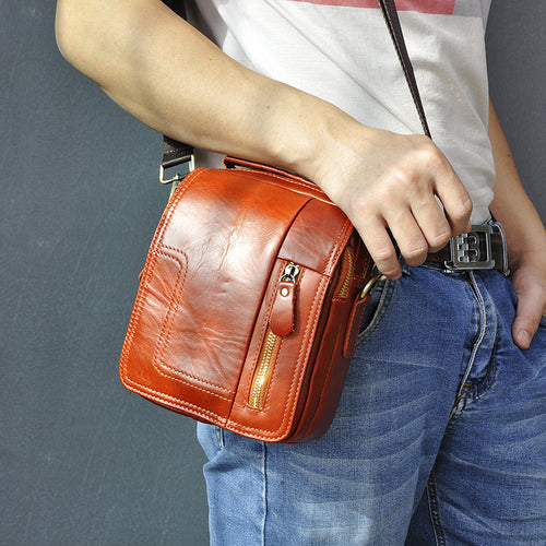 Men's Vintage Red-Brown Genuine Leather Messenger Bag By Woosir